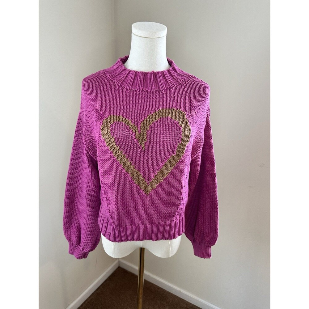 Anthropologie Maeve Pippa Mock Neck Heart Sweater Sz XS Bubble Sleeve Pink
